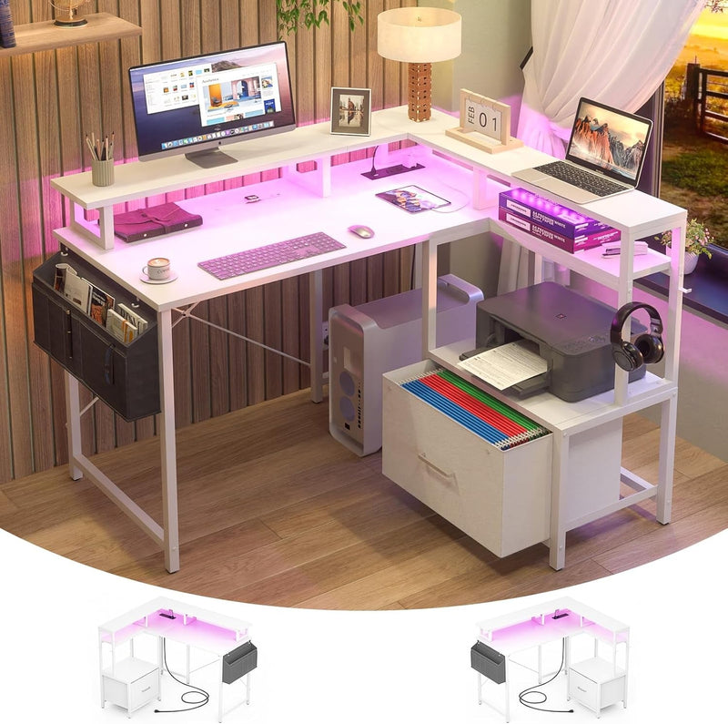 Homieasy Computer Desk with File Drawer Cabinet, L Shaped Office Desk with Printer Stand & Full Monitor Stand, 48 Inch Gaming Desk with Power Outlets Led Light Storage Bag Hanging Hooks, White