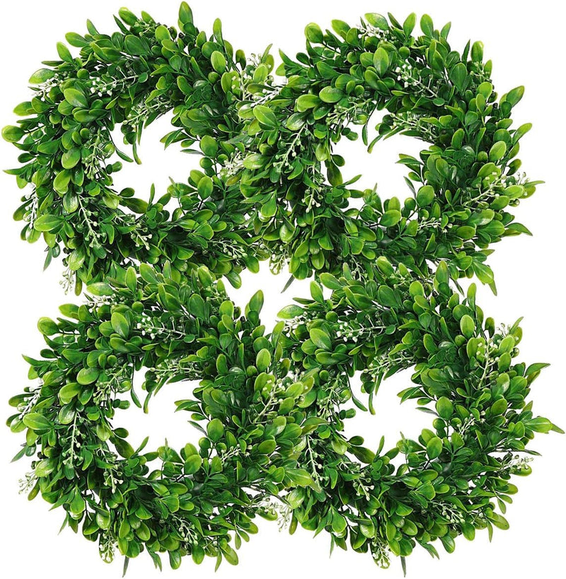 4 Packs Artificial Green Leaves Wreath - 11 Inch Artificial Boxwood Wreaths with White Flower for Window Wall Wedding Decor