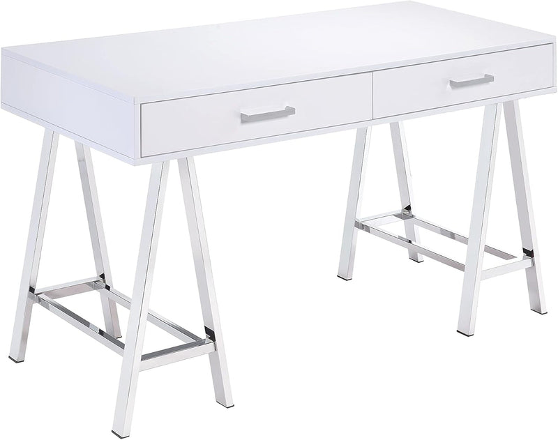 Desk in White High Gloss Chrome for Office Study Bedroom Modern Contemporary Rectangular Wood Finish Drawers