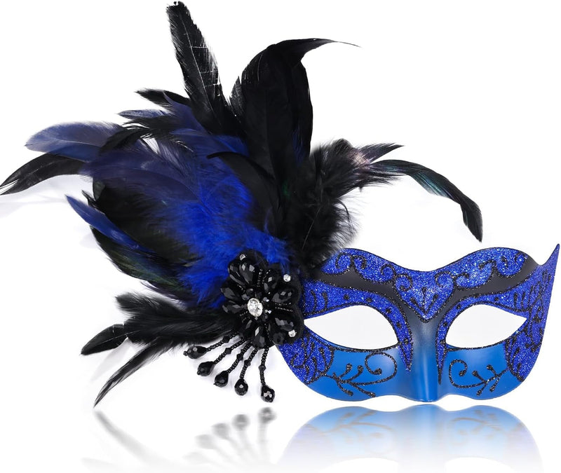 2024 New Blue and Black Masquerade Mask for Women with Feathers - Womens Mascarade Venetian Mask for Masquerade Party, Mardi Gras, Halloween Cosplay Prom, Christmas