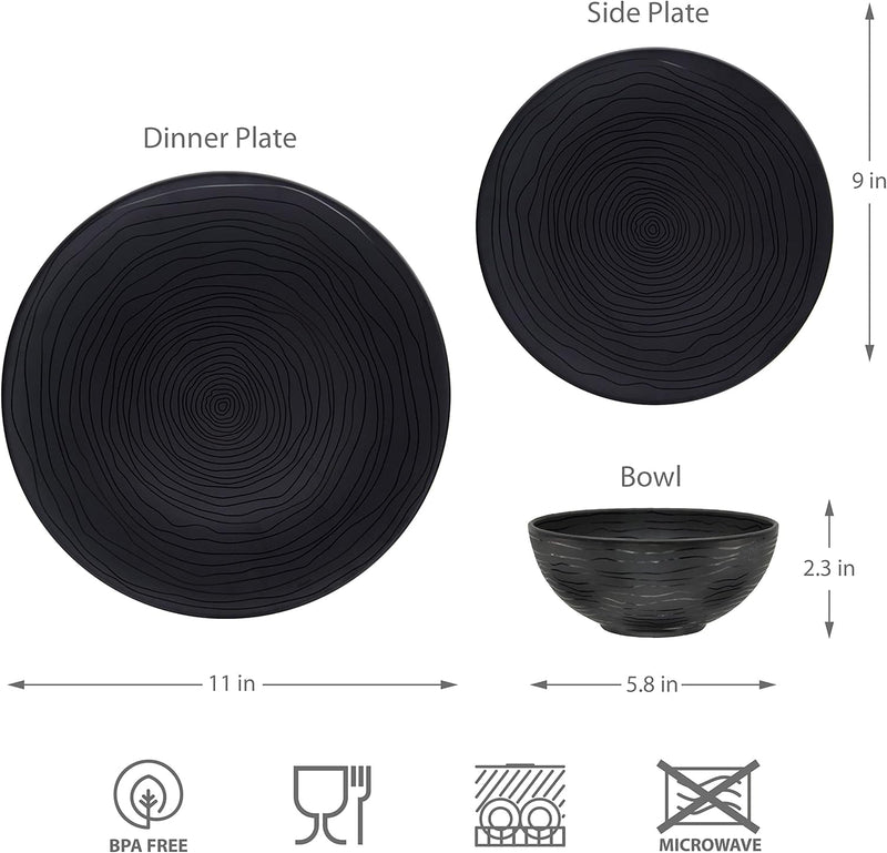 Bzyoo 12 Piece Melamine Dinnerware Set - Durable, Dishwasher Safe Organica Black Plates and Bowls Sets Casual Dish Set for Dining, Outdoor and Kitchen