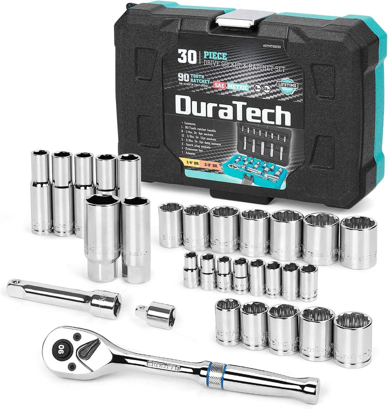 DURATECH 3/8" & 1/4" Socket Set, 30 Piece Standard (SAE) and Metric Sockets for Mechanics,90 Tooth Quick-Release Ratchet, Socket Adapters and Extension Bar Included