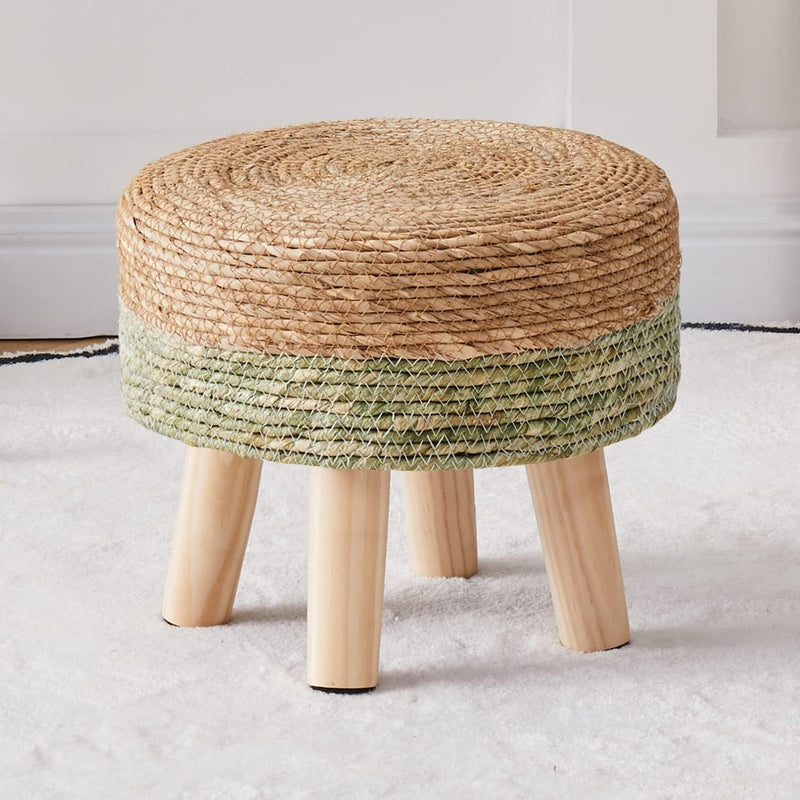 Cpintltr Foot Stool Natural Seagrass Hand Weave Poufs round Ottoman for Couch Desk Soft Step Stool Padded Foot Rest with Non-Skid Pine Legs for Hallway Office Lounge Natural