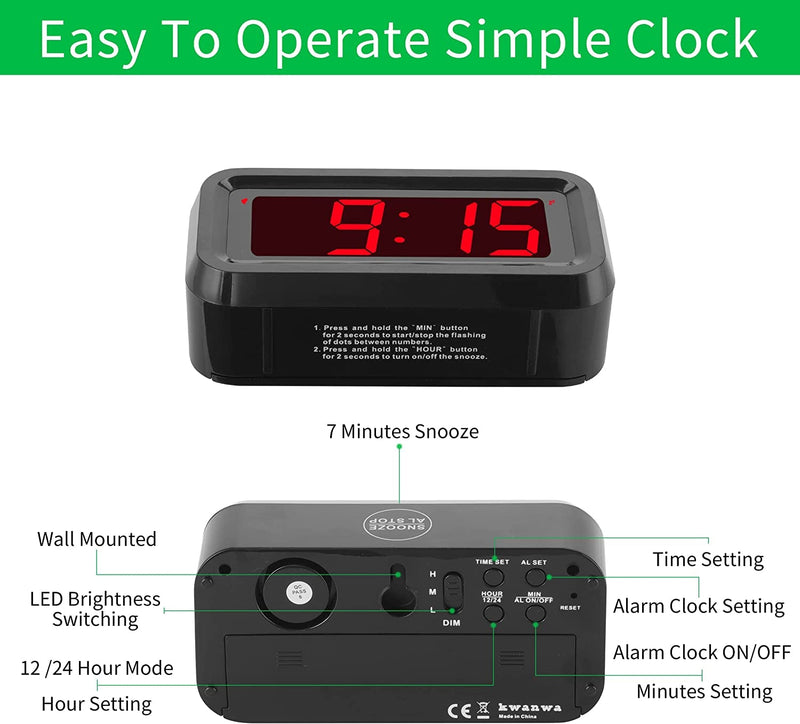 Alarm Clock, LED Digital Clock, Small Wall Clock, Battery Operated, Adjustable 3-Level Led Brightness, Dim Night Mode, 12/24Hr, Cordless, Constantly 1.2'' Digits Display for Bedroom/Travel,Easy to Set