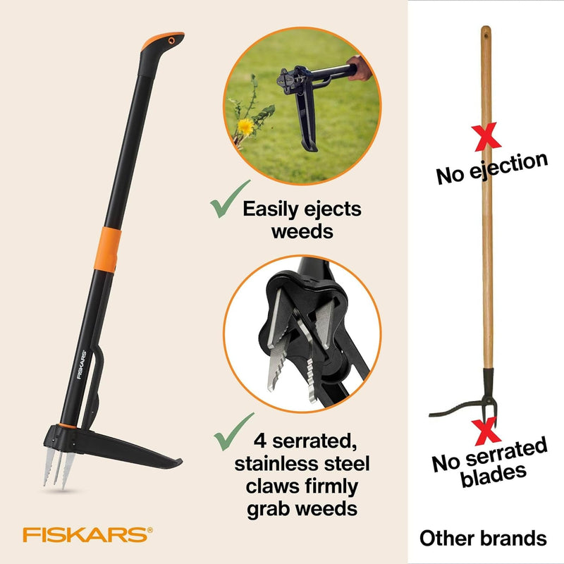 Fiskars 4-Claw Stand up Weed Puller Tool, Gardening Hand Weeding Tool with 39" Long Ergonomic Handle with Easy-Eject Mechanism