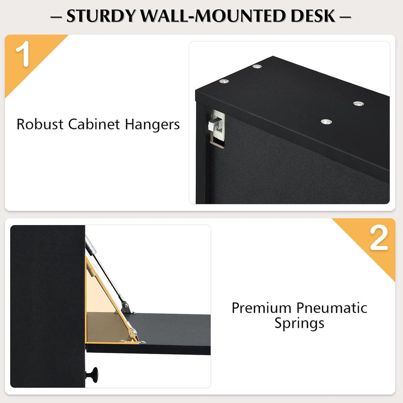 COSTWAY Wall-Mounted Computer Desk, Floating Desk with Storage Drawer & Shelves, Fold-Up Desktop & Pneumatic Springs, Ideal for Home, Office, Dormitory, Small Spaces (Black)