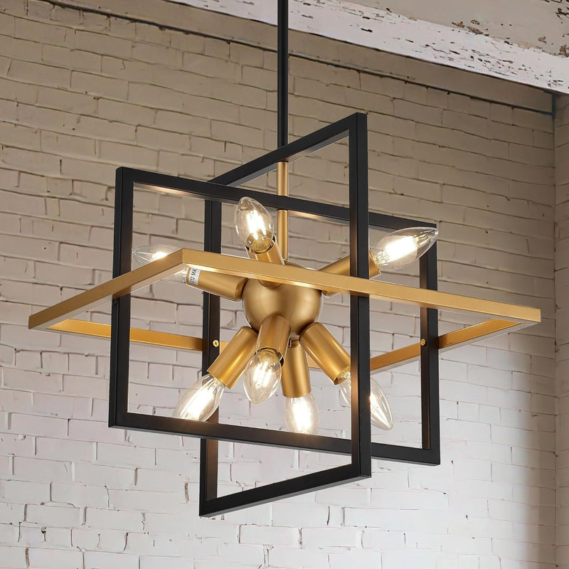 15.8'' Black Gold 8-Light Sputnik Chandelier Modern Industrial Adjustable Hanging Geometric Pendant Light Fixture for Entryway Foyer Stairway Hallway Bedroom Living Room Kitchen Island