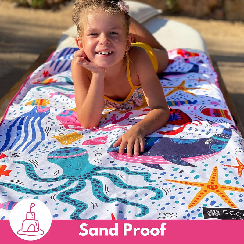 ECCOSOPHY Microfiber Kids Beach Towels & Pouch 60"X30" for Girls & Boys - Quick Dry Pool Towels - Sand Free Beach Blanket for Travel - Camping - Vacation - Toallas Playas