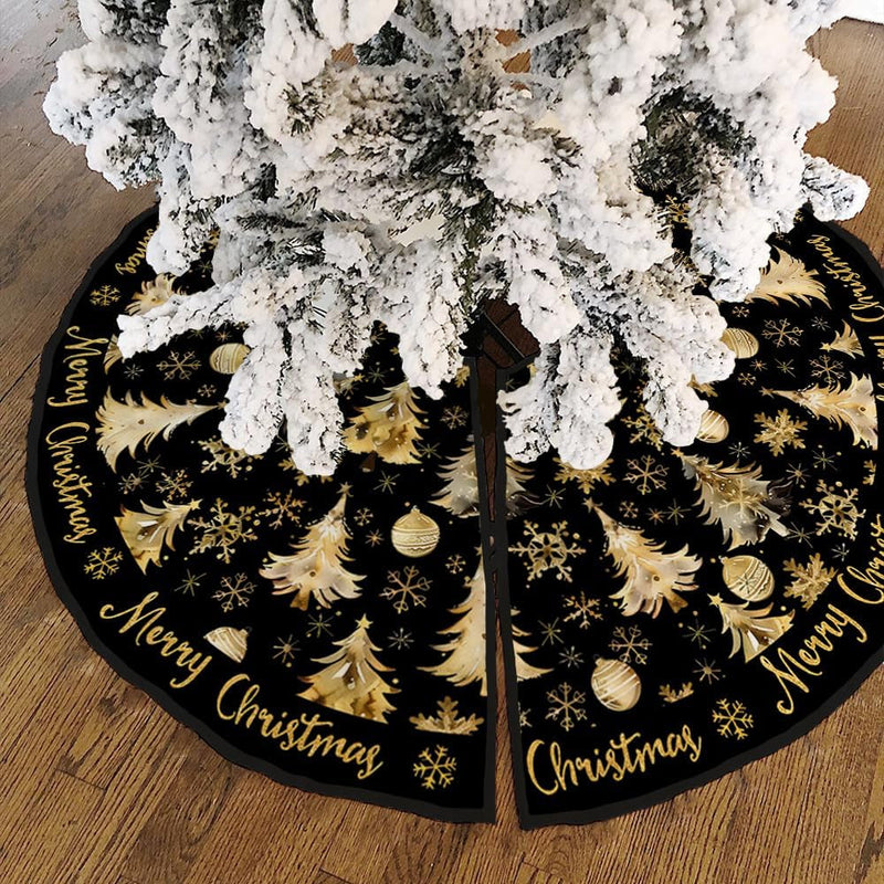 CROWNED BEAUTY Merry Christmas Tree Skirt Collar 48 Inch Xmas Trees Snowflakes Soft Farmhouse Holiday Decoration (Gold & Black) TS26