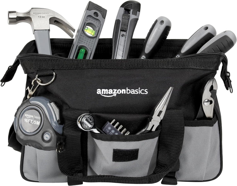 Amazon Basics 65 Piece Home Basic Repair Tool Kit Set with Bag, Silver, Black