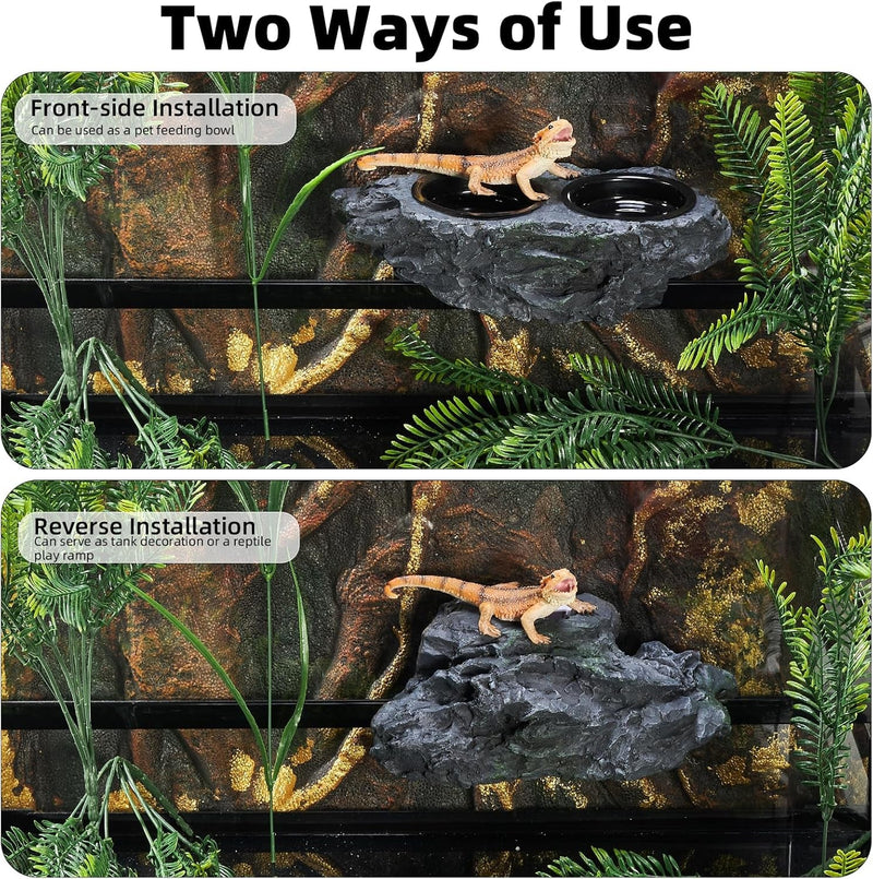 Double Bowl Reptile Water Dish Reptile Water Bowl Crested Gecko Food Dish Gecko Feeding Ledge with 6PCS Feeding Cups for Bearded Dragon Crested Gecko Snake and Chameleon