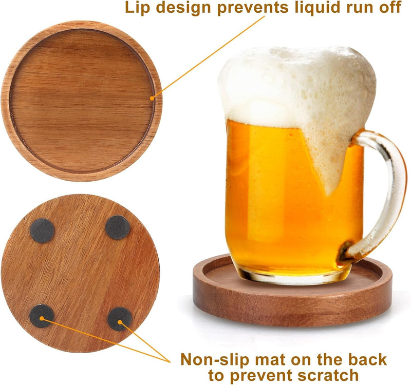 6 Pcs Best Wooden Coasters with Holder Coffee Table Coasters for Drink Acacia Wood Coaster Set Modern Cup Coasters Home Dining Table Decor Cute Beer Bar Coasters Decorative Rustic Outdoor Coasters