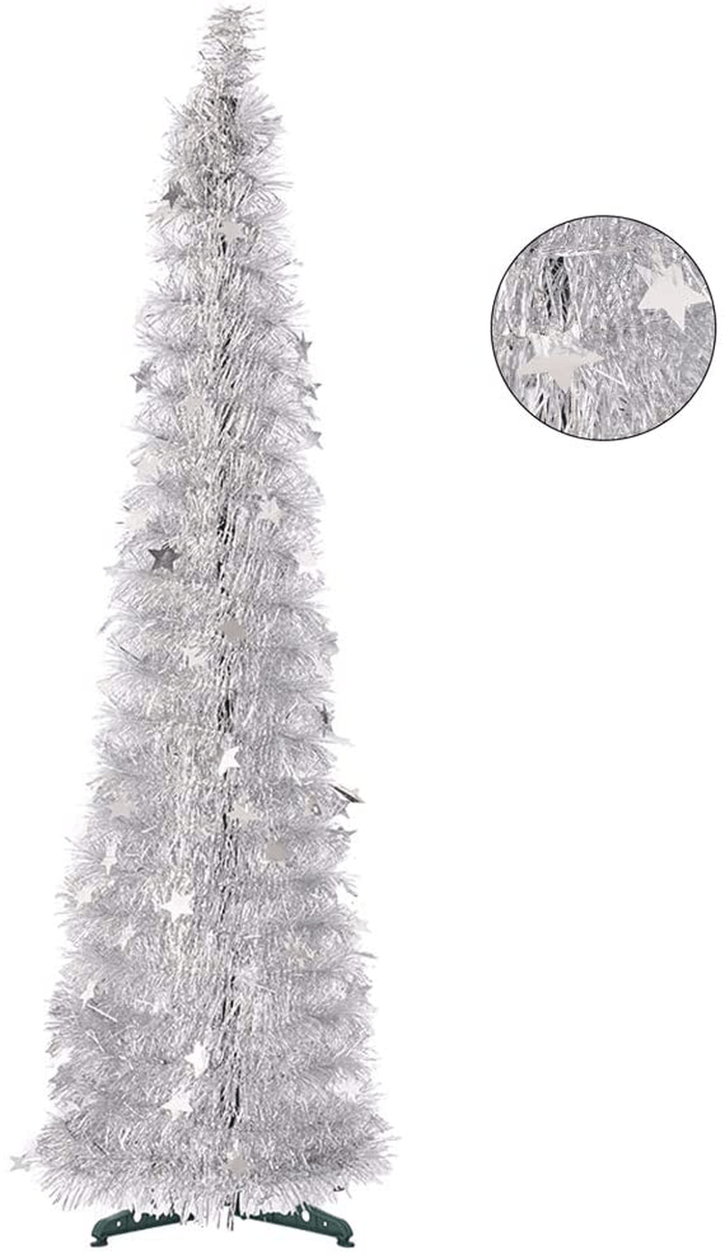 CCINEE 5FT Christmas Tinsel Tree Collapsible Stand Easy-Assembly Silver Tinsel Xmas Tree for Holiday Party Home Office Store Classroon Decoration Home & Garden > Decor > Seasonal & Holiday Decorations > Christmas Tree Stands CCINEE Silver  