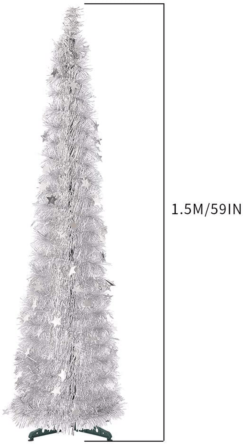 CCINEE 5FT Christmas Tinsel Tree Collapsible Stand Easy-Assembly Silver Tinsel Xmas Tree for Holiday Party Home Office Store Classroon Decoration Home & Garden > Decor > Seasonal & Holiday Decorations > Christmas Tree Stands CCINEE   