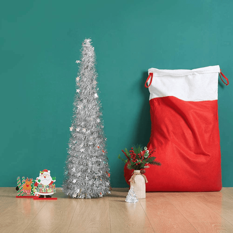 CCINEE 5FT Christmas Tinsel Tree Collapsible Stand Easy-Assembly Silver Tinsel Xmas Tree for Holiday Party Home Office Store Classroon Decoration Home & Garden > Decor > Seasonal & Holiday Decorations > Christmas Tree Stands CCINEE   