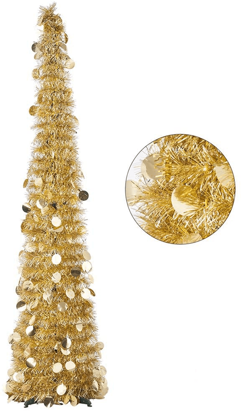 CCINEE 5FT Christmas Tinsel Tree Collapsible Stand Easy-Assembly Silver Tinsel Xmas Tree for Holiday Party Home Office Store Classroon Decoration Home & Garden > Decor > Seasonal & Holiday Decorations > Christmas Tree Stands CCINEE Gold  