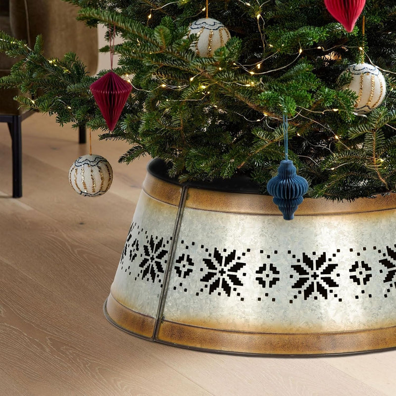 BAYN Metal Christmas Tree Collar, 23-Inch Diameter Base Cover Christmas Tree Ring Stand- Snowflake