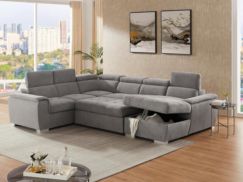 125'' U Shaped Sectional Sleeper Sofa with Pull Out Bed, Storage Chaise Lounge, and Adjustable Headrest, Oversized Sectional Couches for Living Room - Belfast Light Grey