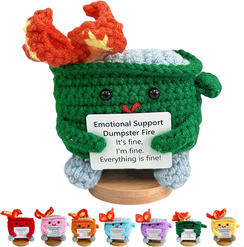 Emotional Support Dumpster- Handmade Crochet Dumpster Fire Doll, Christmas Dumpster Fire Knitting Toy Ornaments with Positive Card, Handmade Emotional Support Crochet Gift Desk Decor (Green)