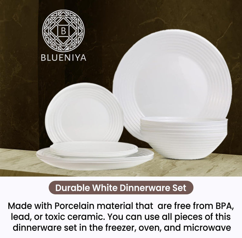 12 Piece White Opal Dinnerware Set, Opal Dinner Set, Kitchen Non-Toxic, Scratch & Chip Resistant, Microwave, Dishwasher Safe - 4Pc Dinner Plate, 4Pc Salad Plate, 4Pc Cereal Bowl