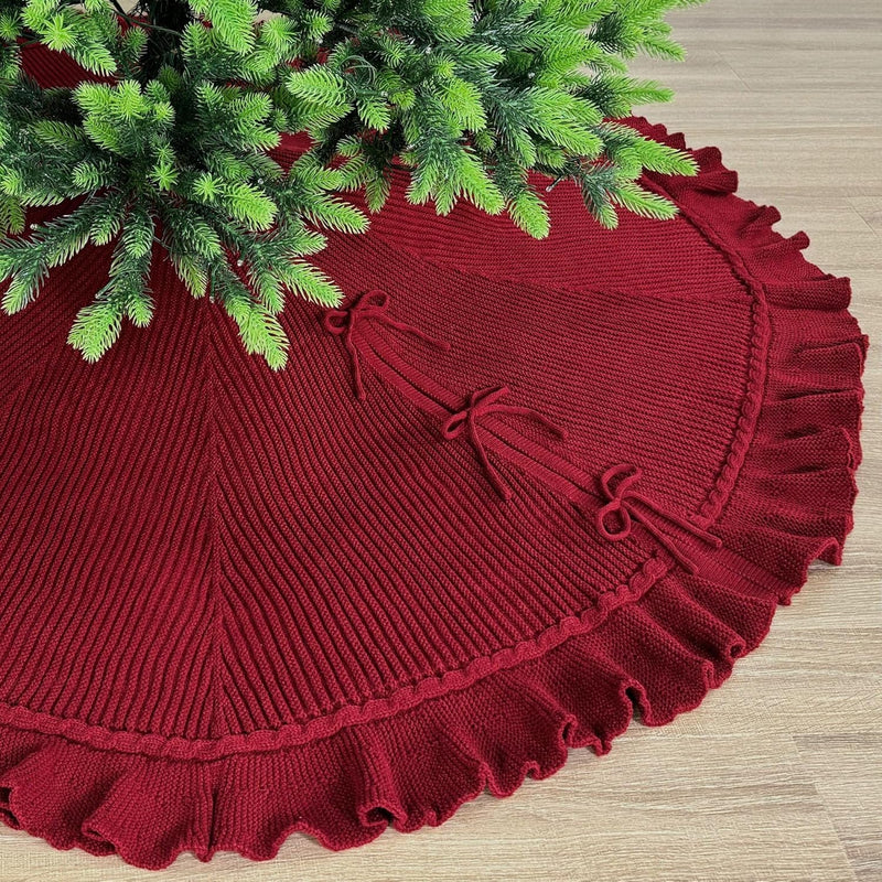 60-Inch Ruffled Sweater Knit Christmas Tree Skirt with Lace Ties, Cream White