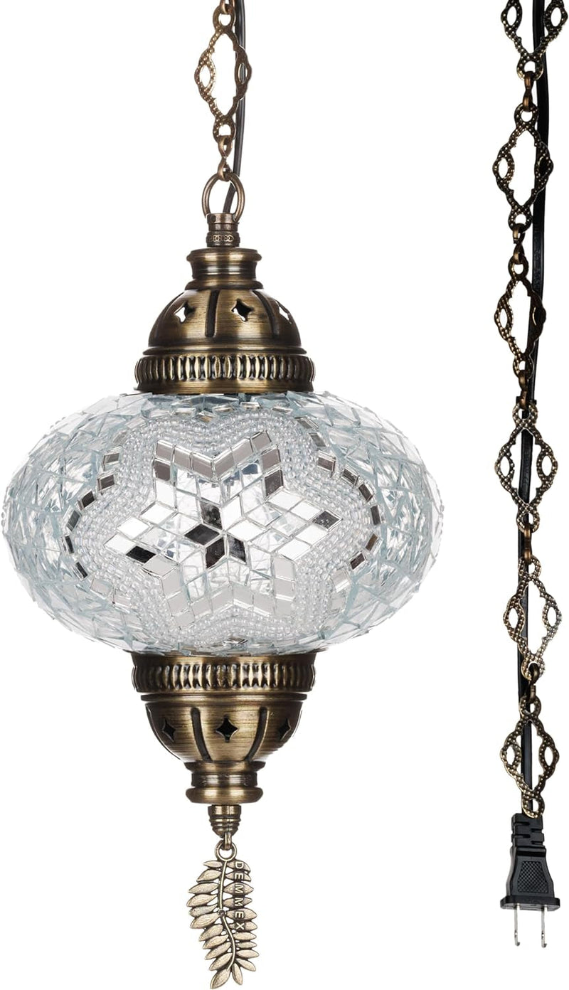 DEMMEX Authentic Turkish Plug in Pendant Light, 6.5" Big Size Globe, Made in Turkey, Turkish Moroccan Mosaic Ceiling Hanging Pendant Light Fixture Lamp, Swag Plug in with 15Ft Cord and Chain