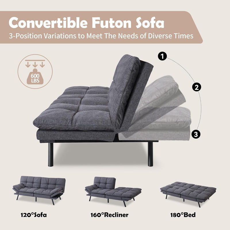Convertible Futon Bed,Gray Memory Foam Loveseat Small Euro Lounger Sofa for Compact Living Spaces,Apartment,Dorm,Studio,Guest Room,Home Office/Cushion, Fabric, French Grey