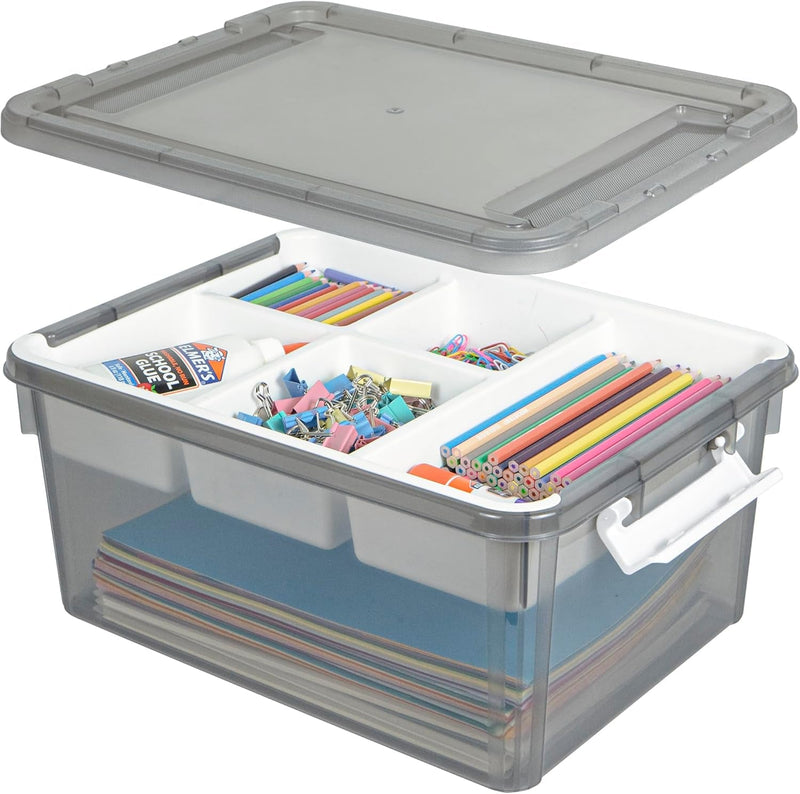 Creahaus 17 Quart Plastic Storage Box with Removable Tray, Durable Craft Organizers and Storage Container, Stackable Art & Craft Box with Lid for Organizing, Bead, Tool, Sewing (Clear)