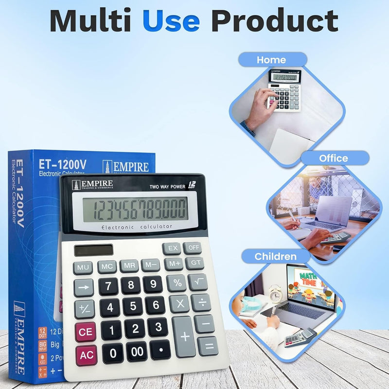 Empire Desk Calculator with Large Key Buttons, 12 Digits, Large Eye-Angled Display, Solar and Battery Powered for Home and Office (Battery Included)