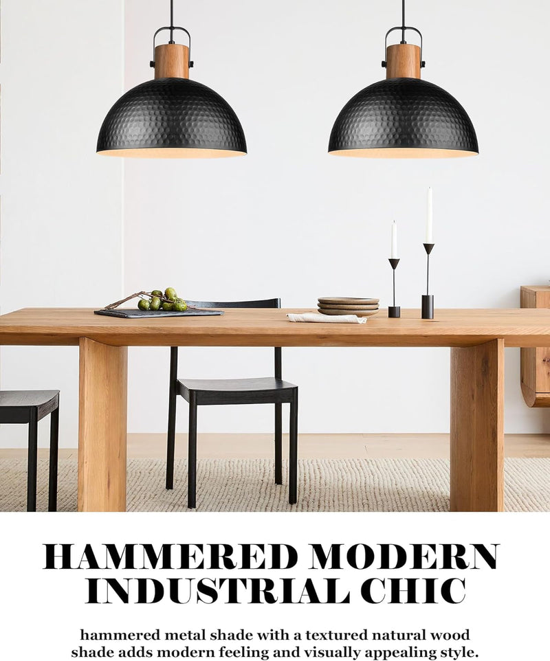 ELYONA Large Pendant Light Fixtures, 16 Inch Wood Dome Ceiling Hanging Lamp with Hammered Metal Shade, Black Modern Chandelier for Kitchen Island, Bar, Farmhouse, Dining Room, Hallway