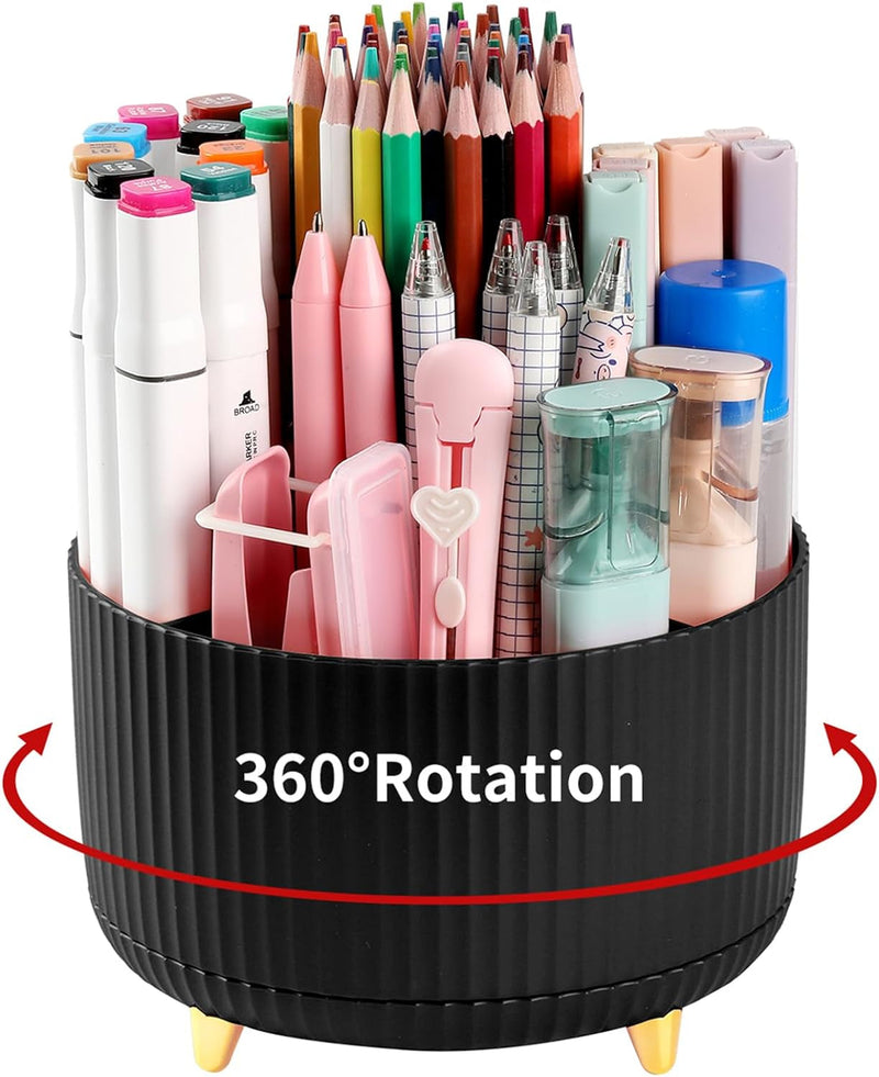 Desk Pencil Pen Holder, 5 Slots 360°Degree Rotating Pen Organizers for Desk, Desktop Storage Stationery Supplies Organizer, Cute Pencil Cup Pot for Office, School, Home, Art Supply, Dark Green