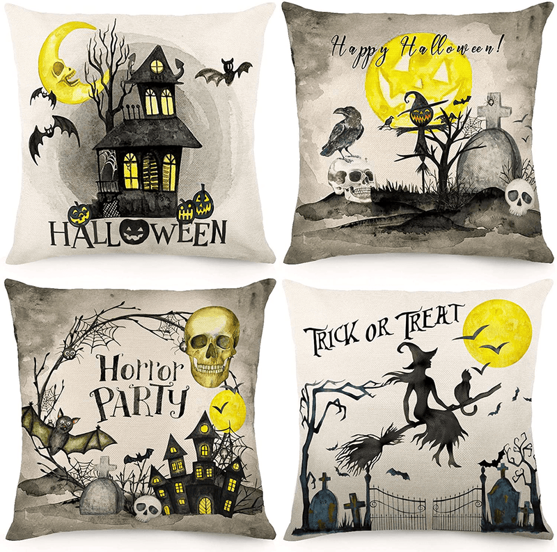 CDWERD Halloween Pillow Covers 18x18 Inch Set of 4 Throw Pillowcase Farmhouse Vintage Moon Trick or Treat Holiday Decorations Linen Cushion Case for Home Decor Arts & Entertainment > Party & Celebration > Party Supplies CDWERD Default Title  