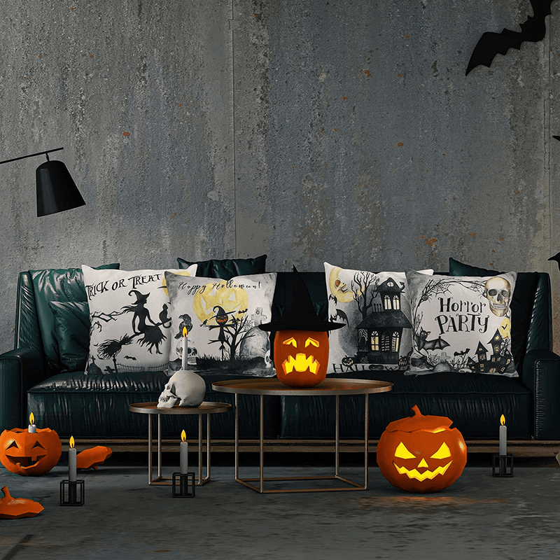 CDWERD Halloween Pillow Covers 18x18 Inch Set of 4 Throw Pillowcase Farmhouse Vintage Moon Trick or Treat Holiday Decorations Linen Cushion Case for Home Decor Arts & Entertainment > Party & Celebration > Party Supplies CDWERD   