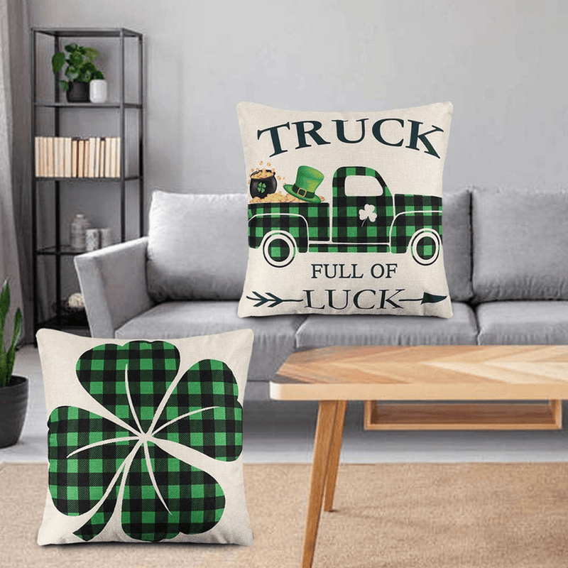 CDWERD St. Patrick's Day Pillow Covers 18×18 Inch St. Patrick's Day Decorations Set of 4 Shamrock Clover Throw Pillowcase Buffalo Check Plaid Cotton Linen Cushion Case for Home Decor Home & Garden > Decor > Seasonal & Holiday Decorations CDWERD   