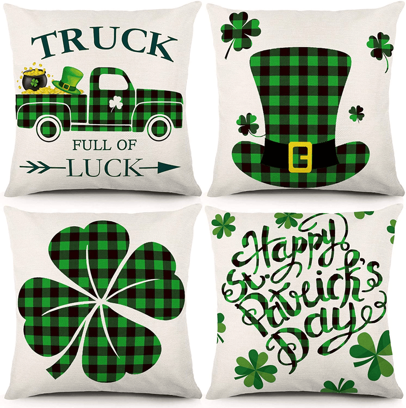 CDWERD St. Patrick's Day Pillow Covers 18×18 Inch St. Patrick's Day Decorations Set of 4 Shamrock Clover Throw Pillowcase Buffalo Check Plaid Cotton Linen Cushion Case for Home Decor Home & Garden > Decor > Seasonal & Holiday Decorations CDWERD Default Title  