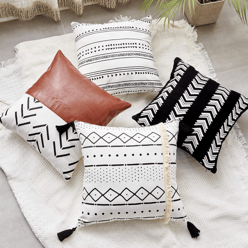 CDWERD Throw Pillow Covers 18X18 Inch Set of 4 Boho Modern Farmhouse Neutral Decorative Pillowcases Faux Leather and Linen Cushion Case for Couch, Bed, Home Decor Home & Garden > Decor > Chair & Sofa Cushions CDWERD   