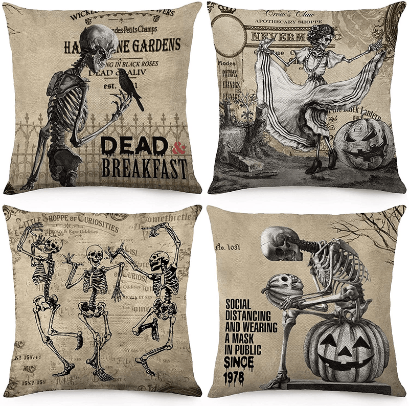 CDWERD Vintage Halloween Pillow Covers 18x18 Inch Set of 4 Skull Throw Pillowcase Halloween Decor Linen Cushion Case for Couch Sofa Home Arts & Entertainment > Party & Celebration > Party Supplies CDWERD Default Title  