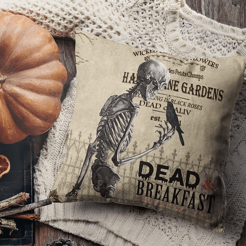 CDWERD Vintage Halloween Pillow Covers 18x18 Inch Set of 4 Skull Throw Pillowcase Halloween Decor Linen Cushion Case for Couch Sofa Home Arts & Entertainment > Party & Celebration > Party Supplies CDWERD   