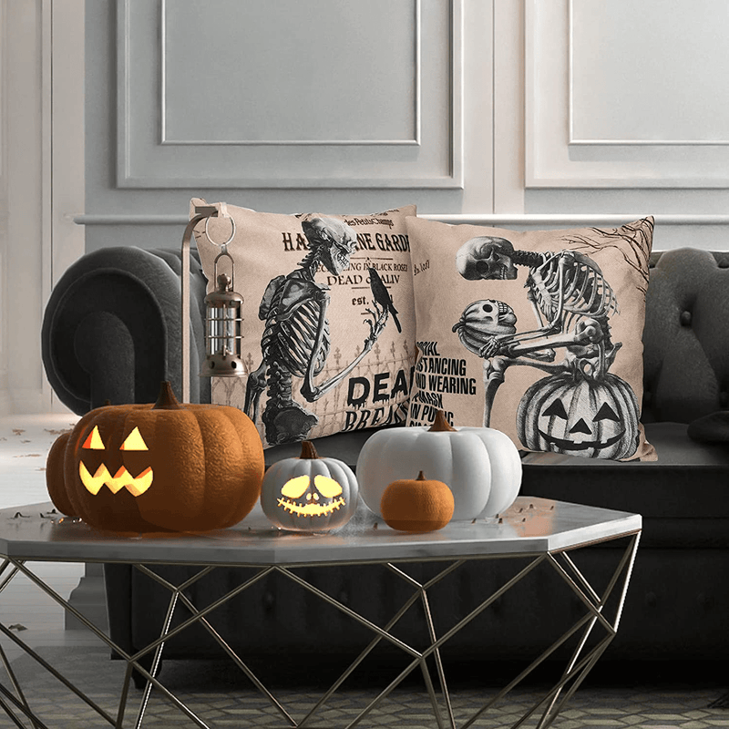 CDWERD Vintage Halloween Pillow Covers 18x18 Inch Set of 4 Skull Throw Pillowcase Halloween Decor Linen Cushion Case for Couch Sofa Home Arts & Entertainment > Party & Celebration > Party Supplies CDWERD   