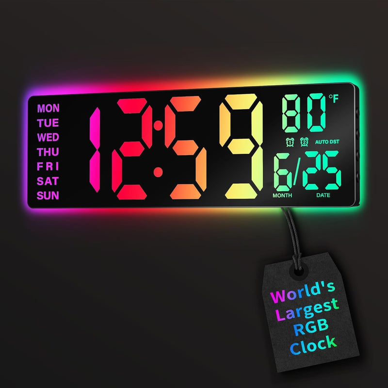 16.5" Large Digital Wall Clock with Remote Control, RGB Atmosphere Lights with 11 Scenes Mode, Dual Alarms with Big LED Display, Auto DST, Temperature for Living Room Gaming