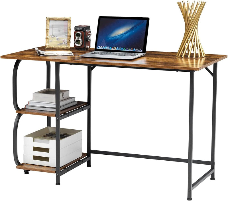 Anivia 47'' Computer Desk, Home Office Writing Desks with 2 Storage Shelves on Left or Right Side, Wood Table with Metal Frame for PC Laptop Notebook, Brown