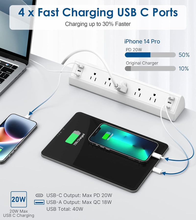 Desk Clamp Power Strip USB C,40W Total Fast Charging Station,4 PD 20W USB C Ports,Nightstand Edge Mount Power Strip with 6 USB Ports 5 AC Outlets Surge Protector,6Ft Cord,Fit 1.6" Tabletop Edge