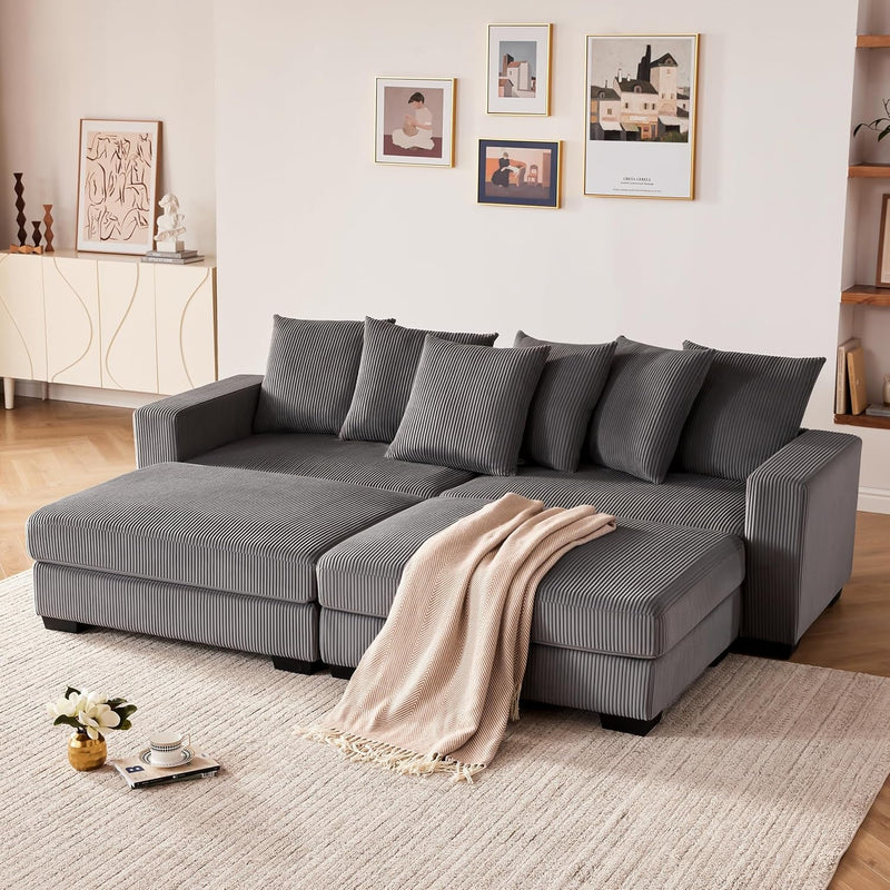 Canapé sectionnel confortable en velours côtelé de 101,6 pouces pour le salon, canapé modulaire rembourré en forme de L avec coussins épais et accoudoirs élargis pour 4 personnes, gris