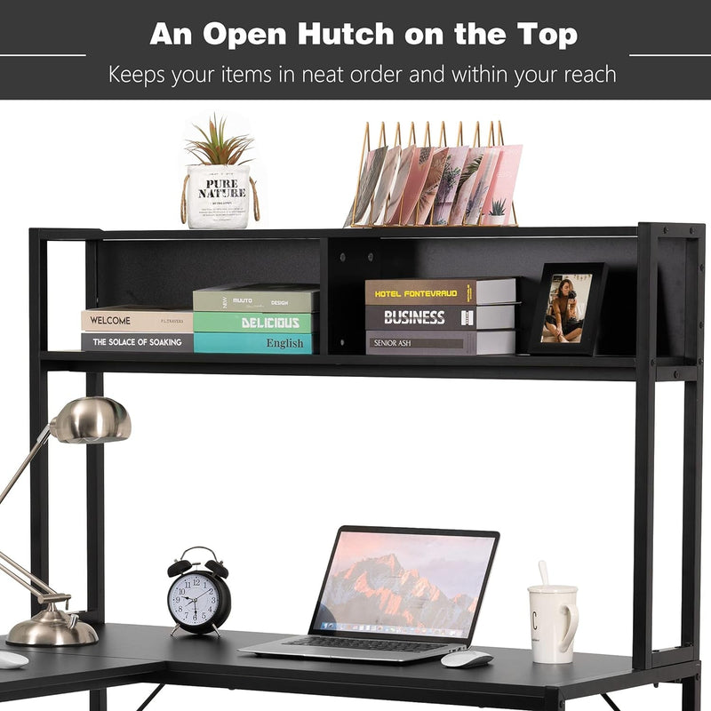 Becko US L Shaped Desk with Hutch, 56 Inch Corner Computer Desk, Home Office Writing Desk with Storage Shelves, Space Saving (Black)
