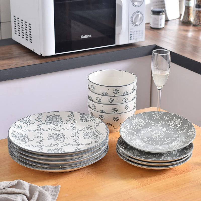 12-Pieces Dinnerware Sets Ceramic Dish Set, Plates and Bowls Sets, Dishes Set for 4, Nonstick Plate Set, Durable Stoneware Plates, Dishes, Soup and Cereal Bowls, Grey, for Kitchen