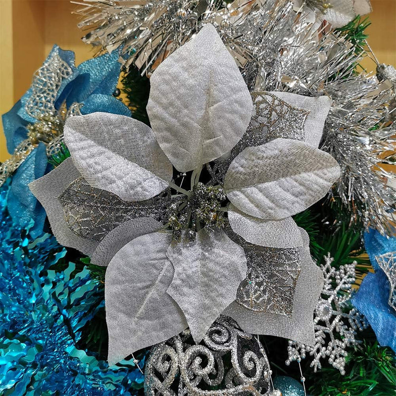 20 Set 8.7" Wide Christmas Silver Glitter Poinsettia Flowers Picks Christmas Tree Ornaments for White Silver Christmas Tree Wreaths Garland Holiday Seasonal Wedding Decor White Gift Box Included