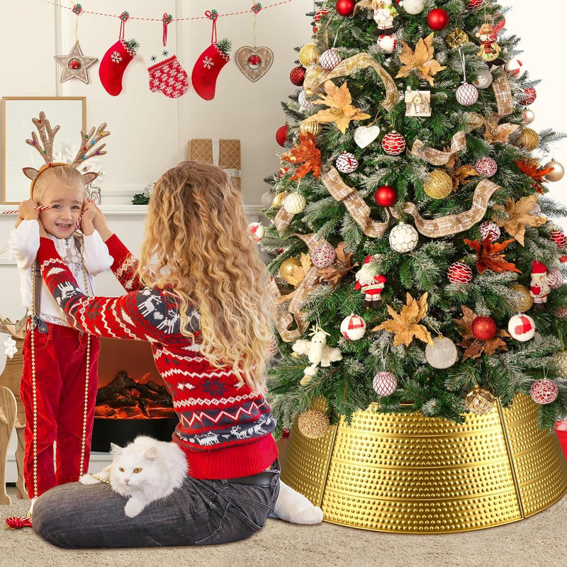 Christmas Tree Collar 28" Metal Gold Christmas Tree Skirt Stand Base Cover for Artificial Trees 5 Panel Hammered Christmas Tree Ring Protection from Pets Xmas Decorations