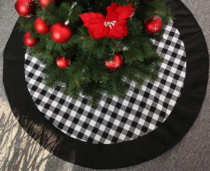 Black and White Buffalo Plaid Check Christmas Tree Skirt 48 Inches, Country Xmas Tree Decorations Tree Skirts Double Layers Holiday Ornaments