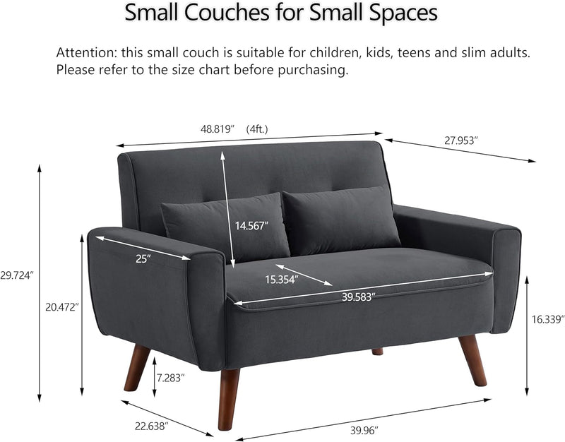48.8" Small Loveseat Sofa Couch, Mid Century Modern Linen Love Seat Couch, 2 Seat Tufted Couches with Throw Pillows for Living Room, Apartment, Bedroom and Small Spaces, Dark Grey