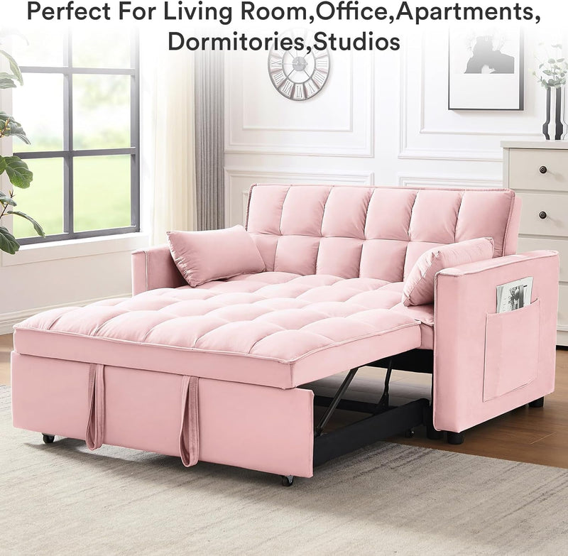 3 in 1 Convertible Sleeper Sofa Bed Pull Out Couch Futon Loveseat Velvet Chaise Lounge with 2 Pockets and 2 Pillows for Living Room, Pink